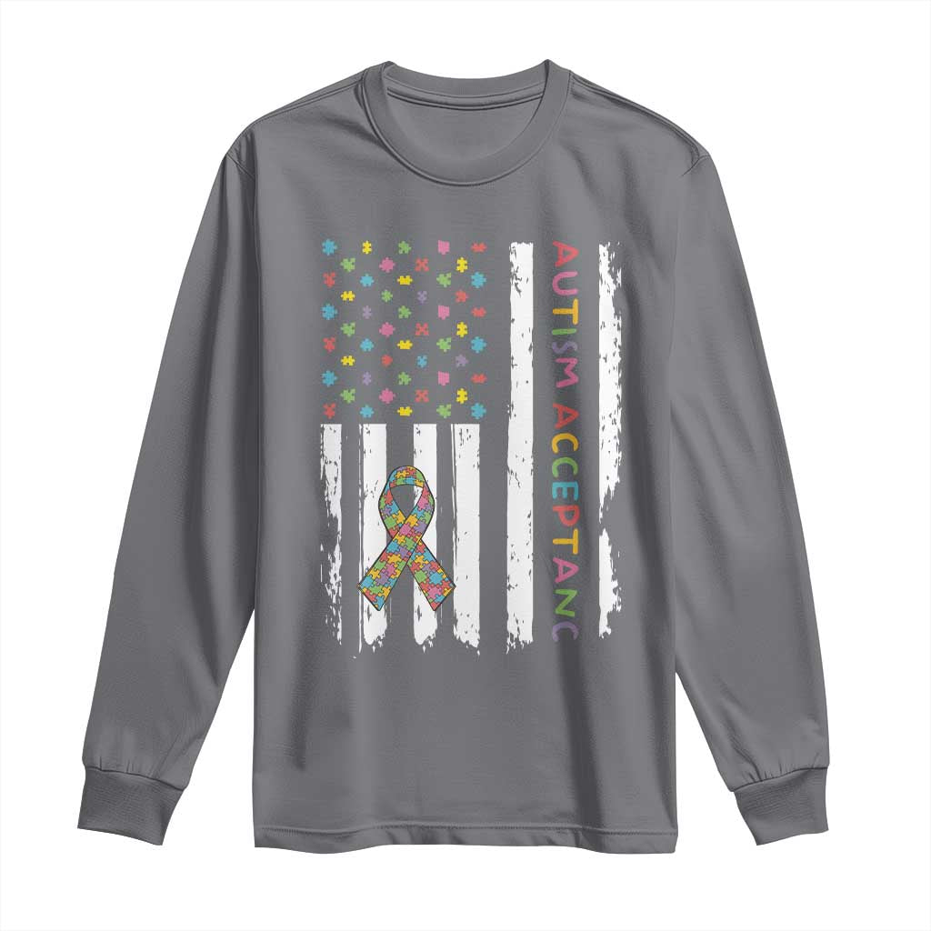 Autism Acceptance Long Sleeve Shirt American Flag Neurodivergent Support Ribbon Puzzle