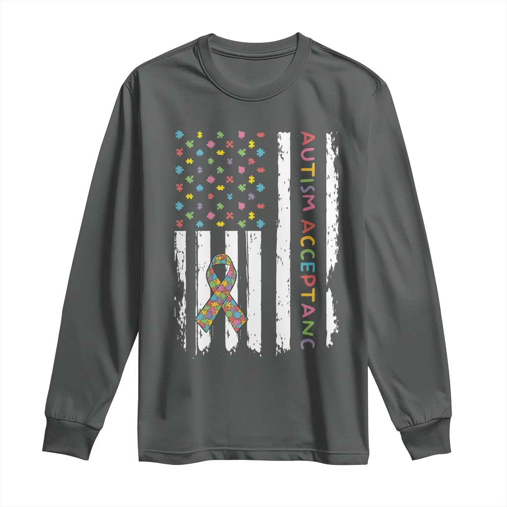 Autism Acceptance Long Sleeve Shirt American Flag Neurodivergent Support Ribbon Puzzle