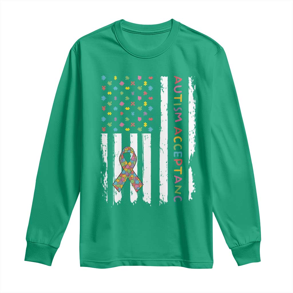 Autism Acceptance Long Sleeve Shirt American Flag Neurodivergent Support Ribbon Puzzle