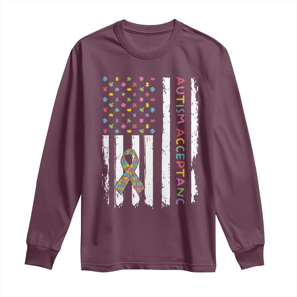 Autism Acceptance Long Sleeve Shirt American Flag Neurodivergent Support Ribbon Puzzle