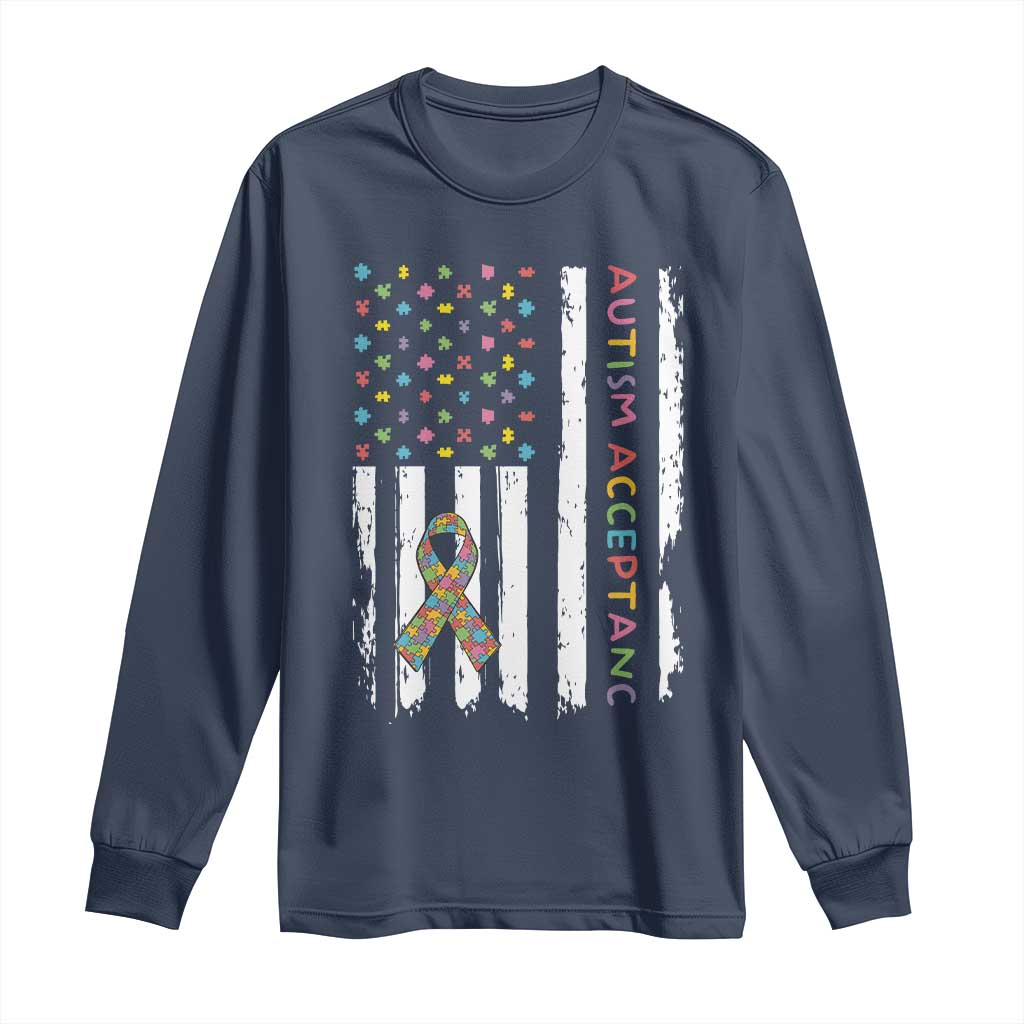 Autism Acceptance Long Sleeve Shirt American Flag Neurodivergent Support Ribbon Puzzle