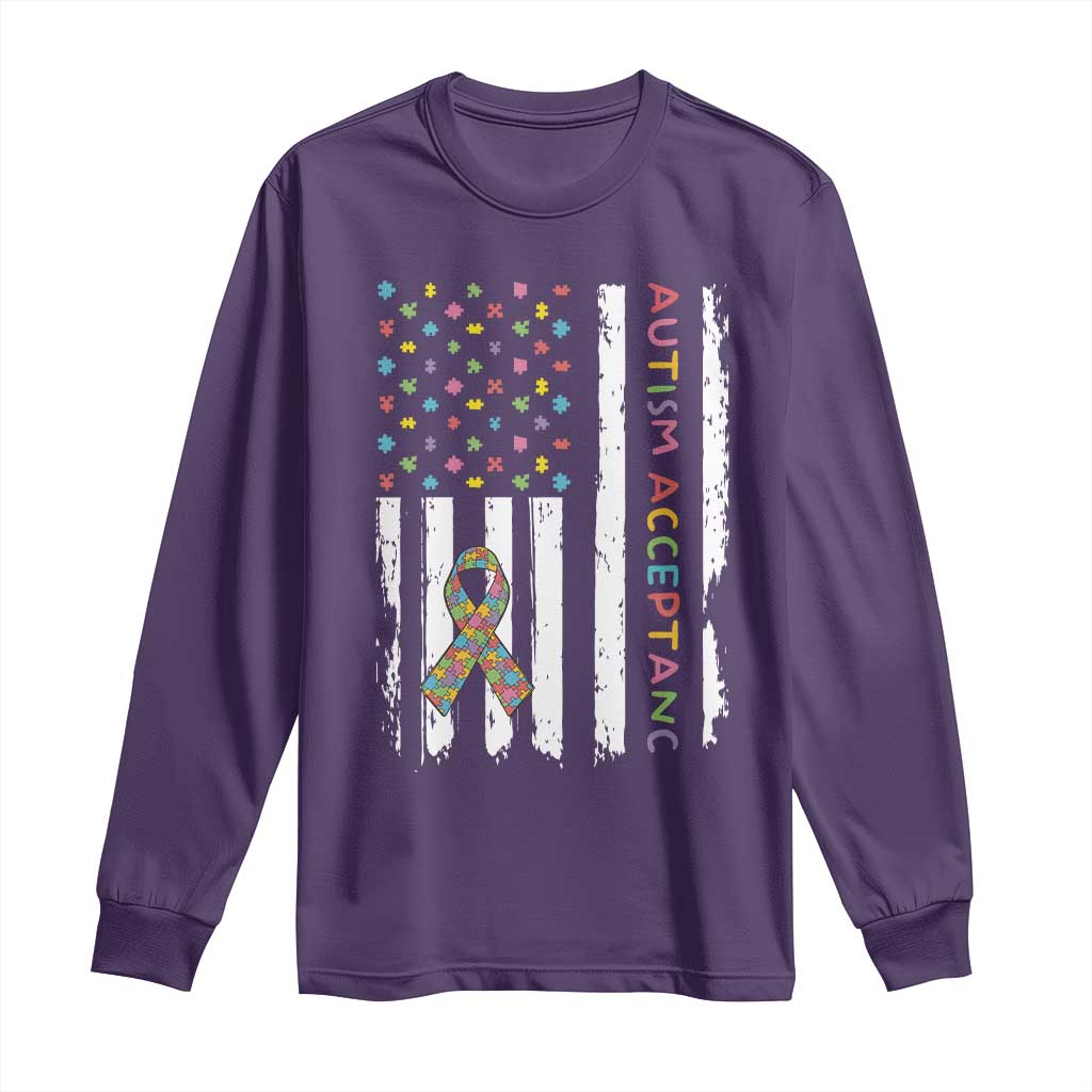 Autism Acceptance Long Sleeve Shirt American Flag Neurodivergent Support Ribbon Puzzle