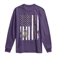 Autism Acceptance Long Sleeve Shirt American Flag Neurodivergent Support Ribbon Puzzle
