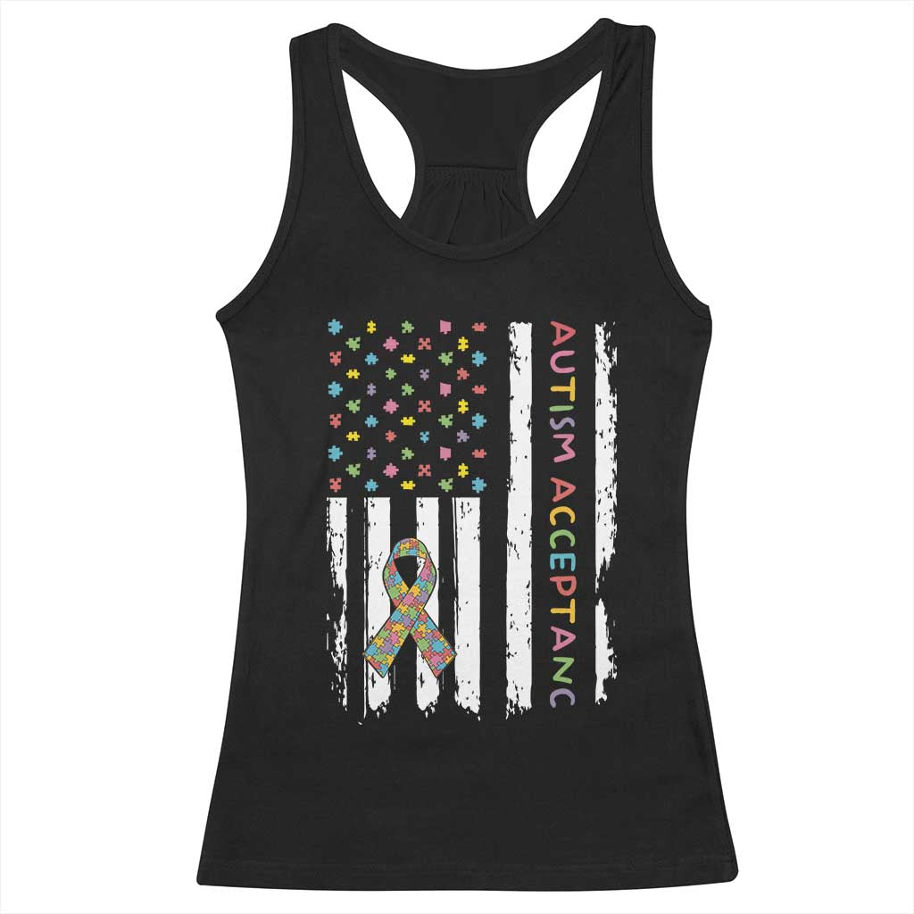 Autism Acceptance Racerback Tank Top American Flag Neurodivergent Support Ribbon Puzzle