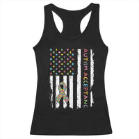 Autism Acceptance Racerback Tank Top American Flag Neurodivergent Support Ribbon Puzzle