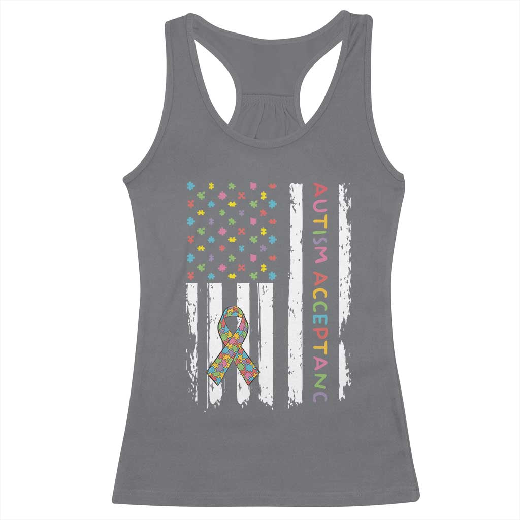 Autism Acceptance Racerback Tank Top American Flag Neurodivergent Support Ribbon Puzzle