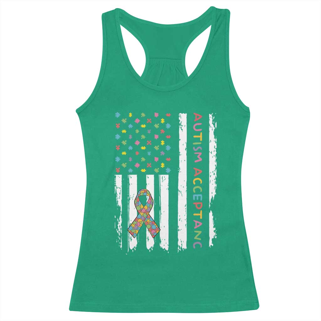 Autism Acceptance Racerback Tank Top American Flag Neurodivergent Support Ribbon Puzzle