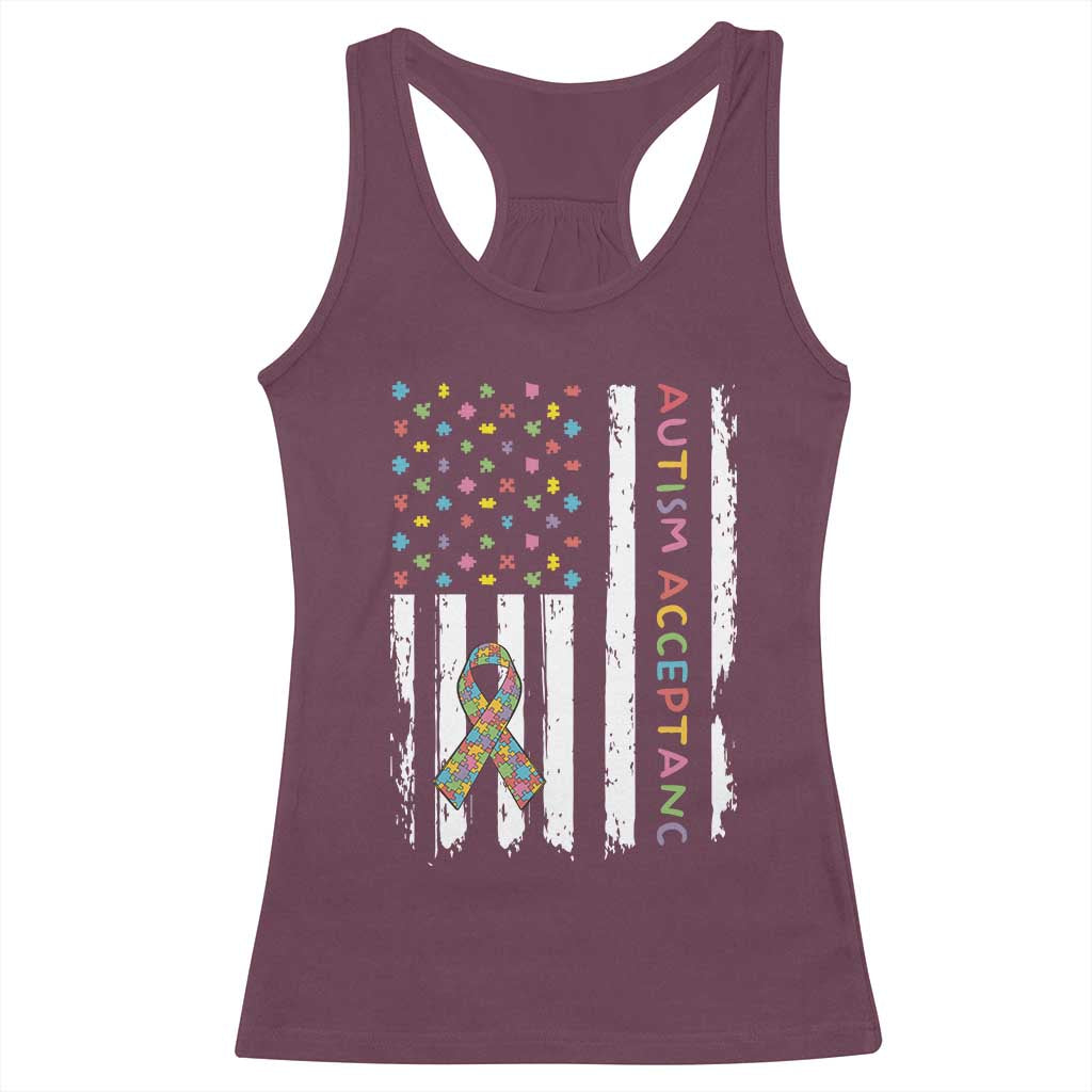 Autism Acceptance Racerback Tank Top American Flag Neurodivergent Support Ribbon Puzzle