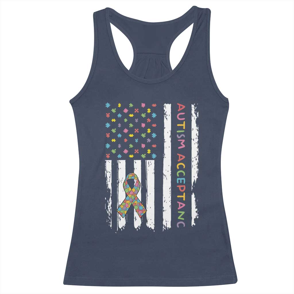 Autism Acceptance Racerback Tank Top American Flag Neurodivergent Support Ribbon Puzzle