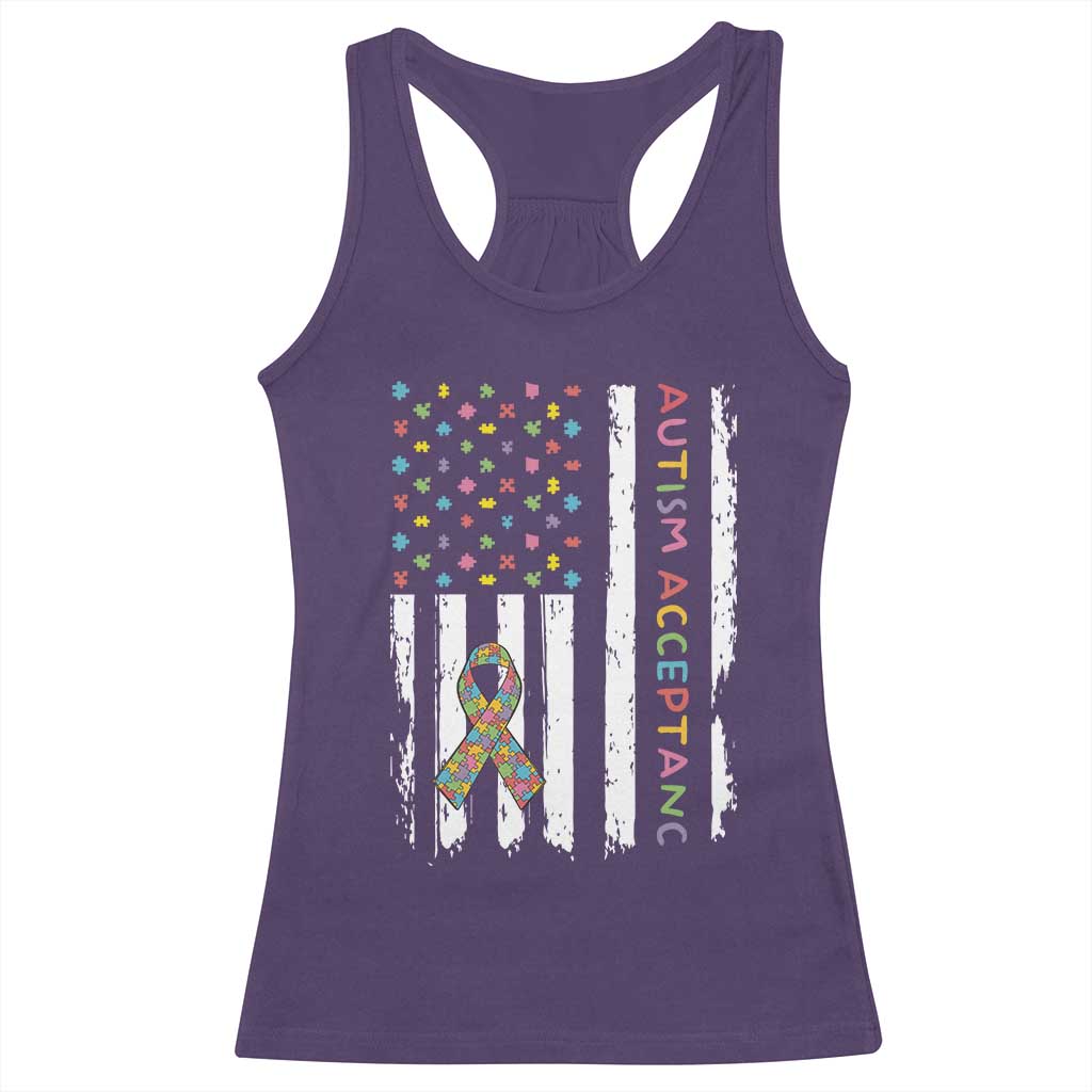 Autism Acceptance Racerback Tank Top American Flag Neurodivergent Support Ribbon Puzzle