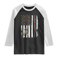 Autism Acceptance Raglan Shirt American Flag Neurodivergent Support Ribbon Puzzle