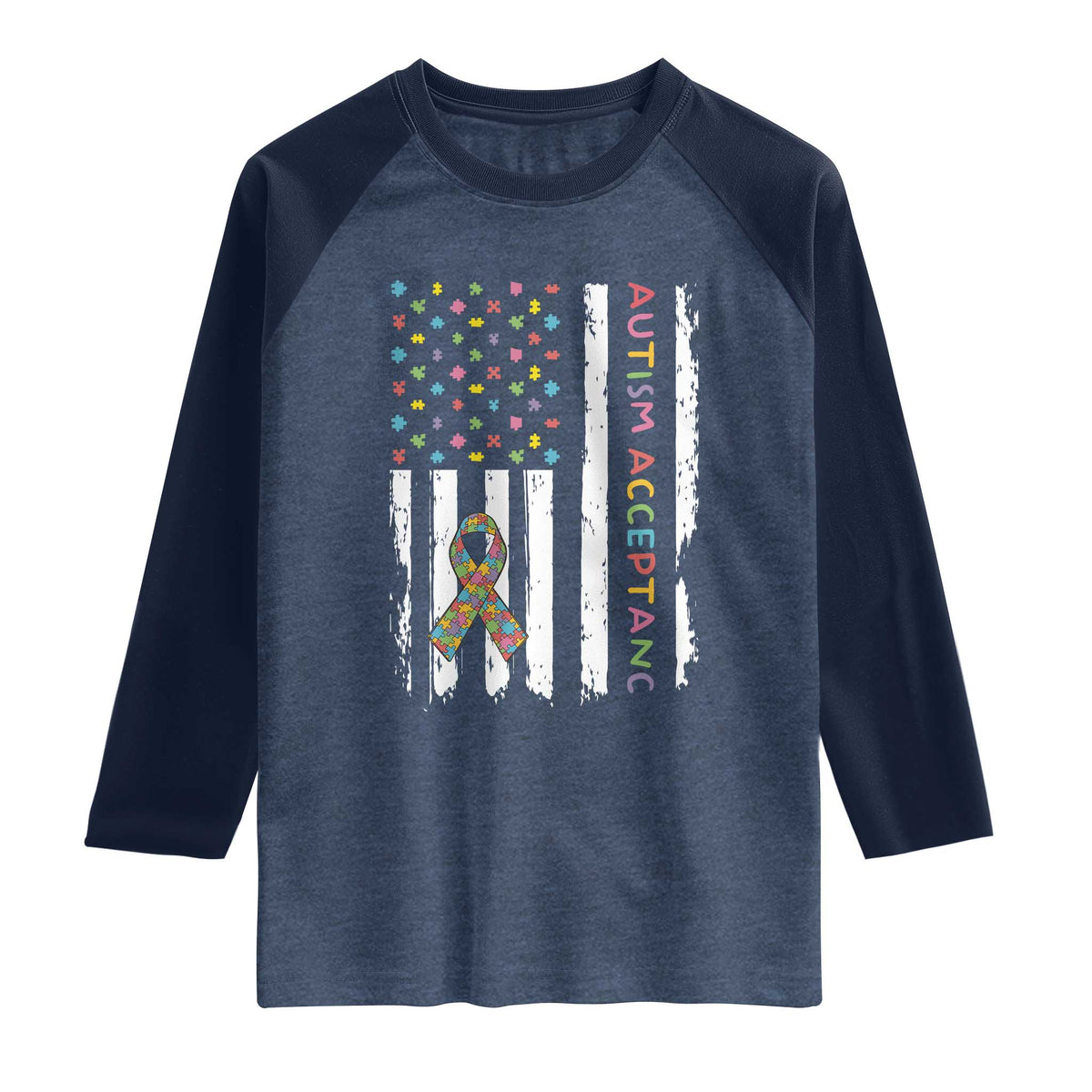 Autism Acceptance Raglan Shirt American Flag Neurodivergent Support Ribbon Puzzle