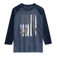 Autism Acceptance Raglan Shirt American Flag Neurodivergent Support Ribbon Puzzle