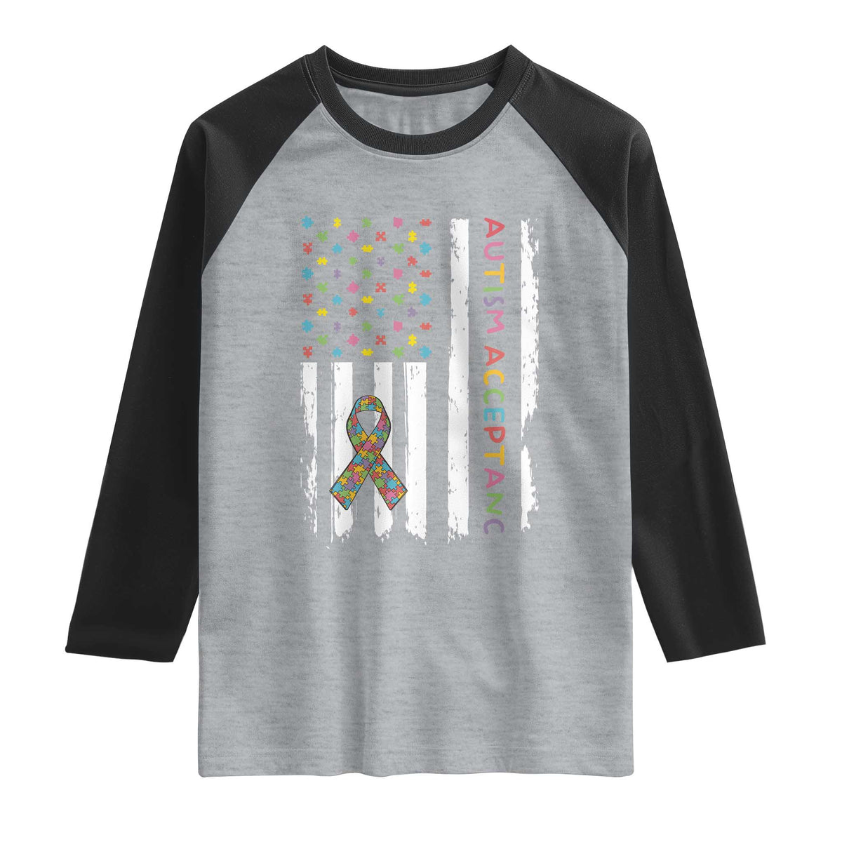 Autism Acceptance Raglan Shirt American Flag Neurodivergent Support Ribbon Puzzle