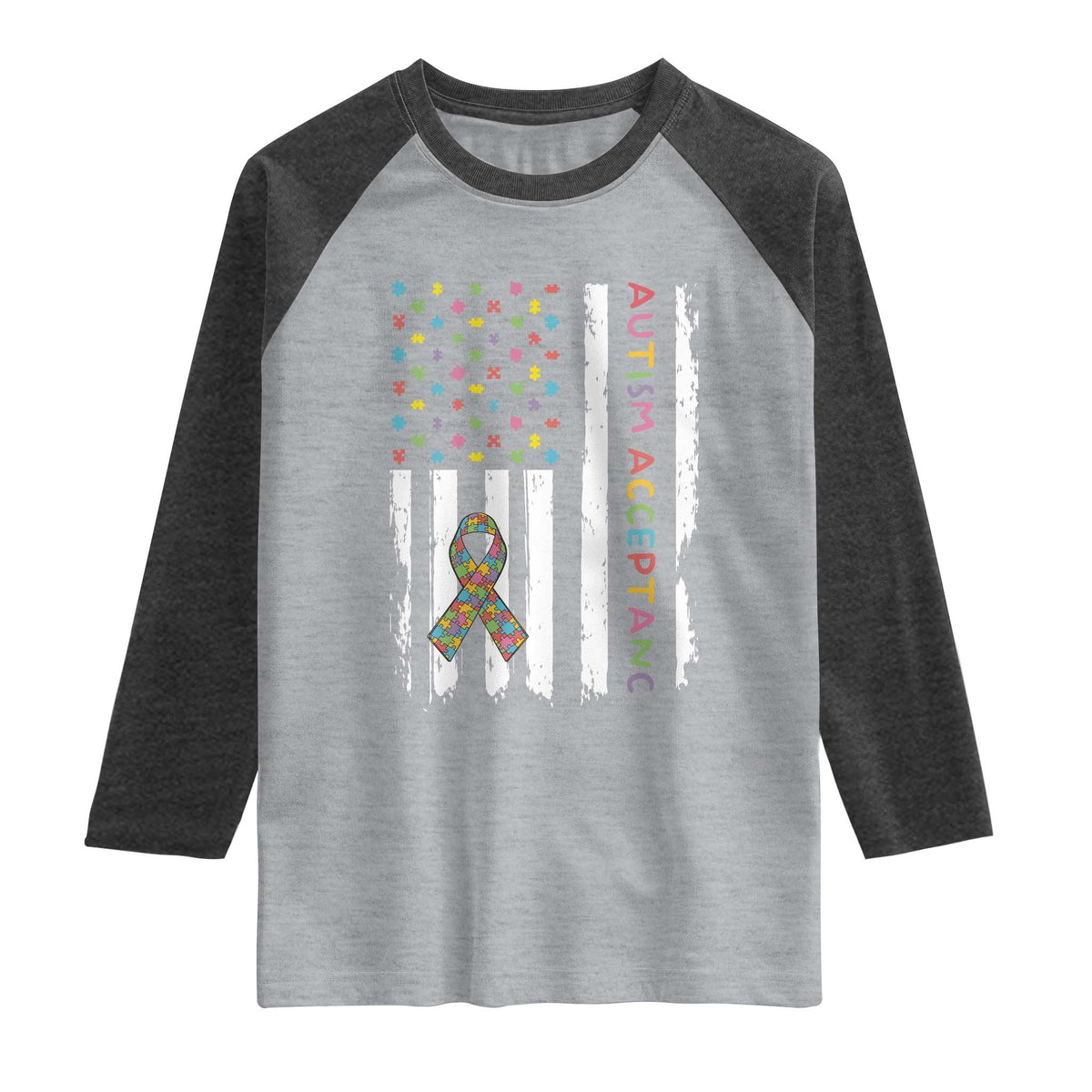 Autism Acceptance Raglan Shirt American Flag Neurodivergent Support Ribbon Puzzle