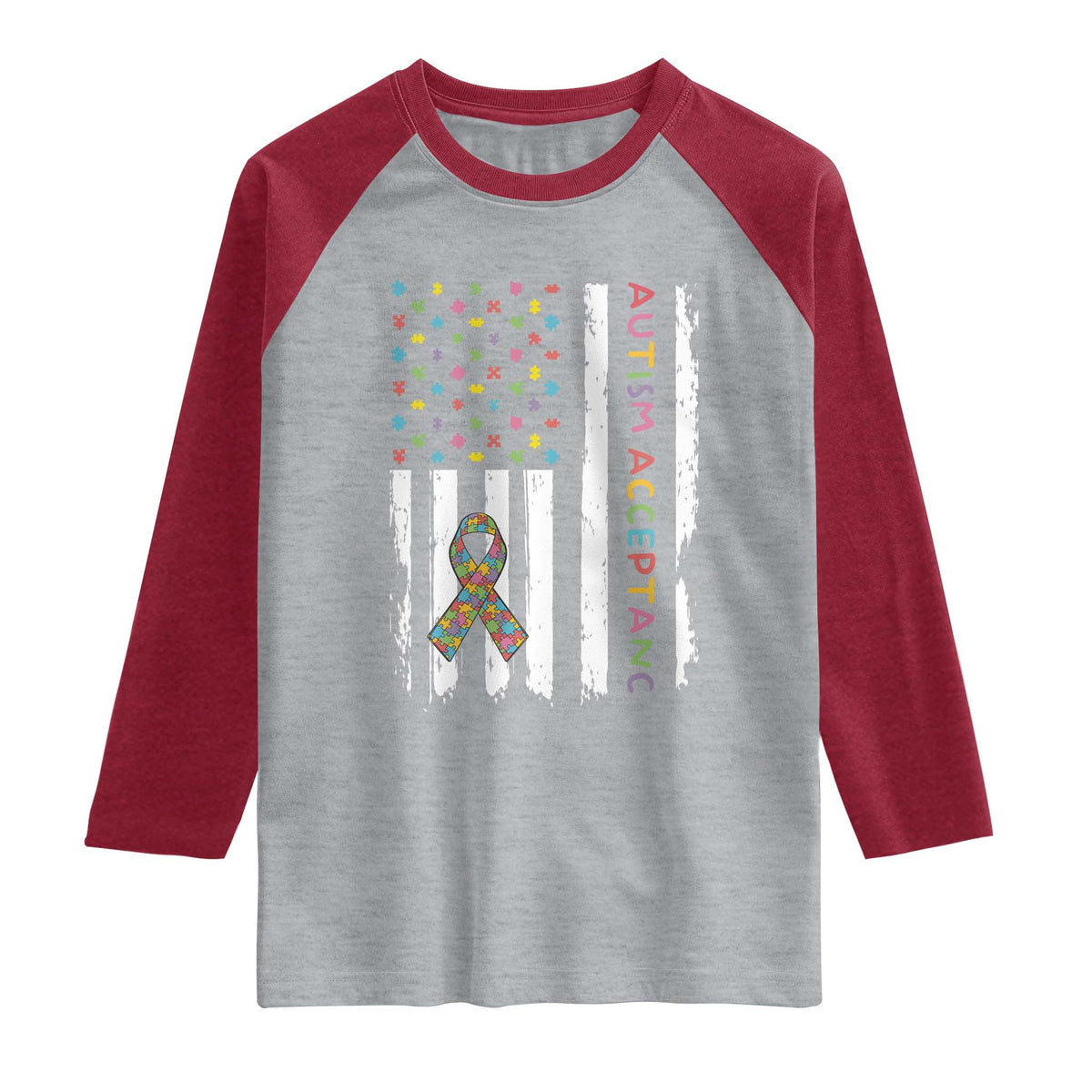 Autism Acceptance Raglan Shirt American Flag Neurodivergent Support Ribbon Puzzle