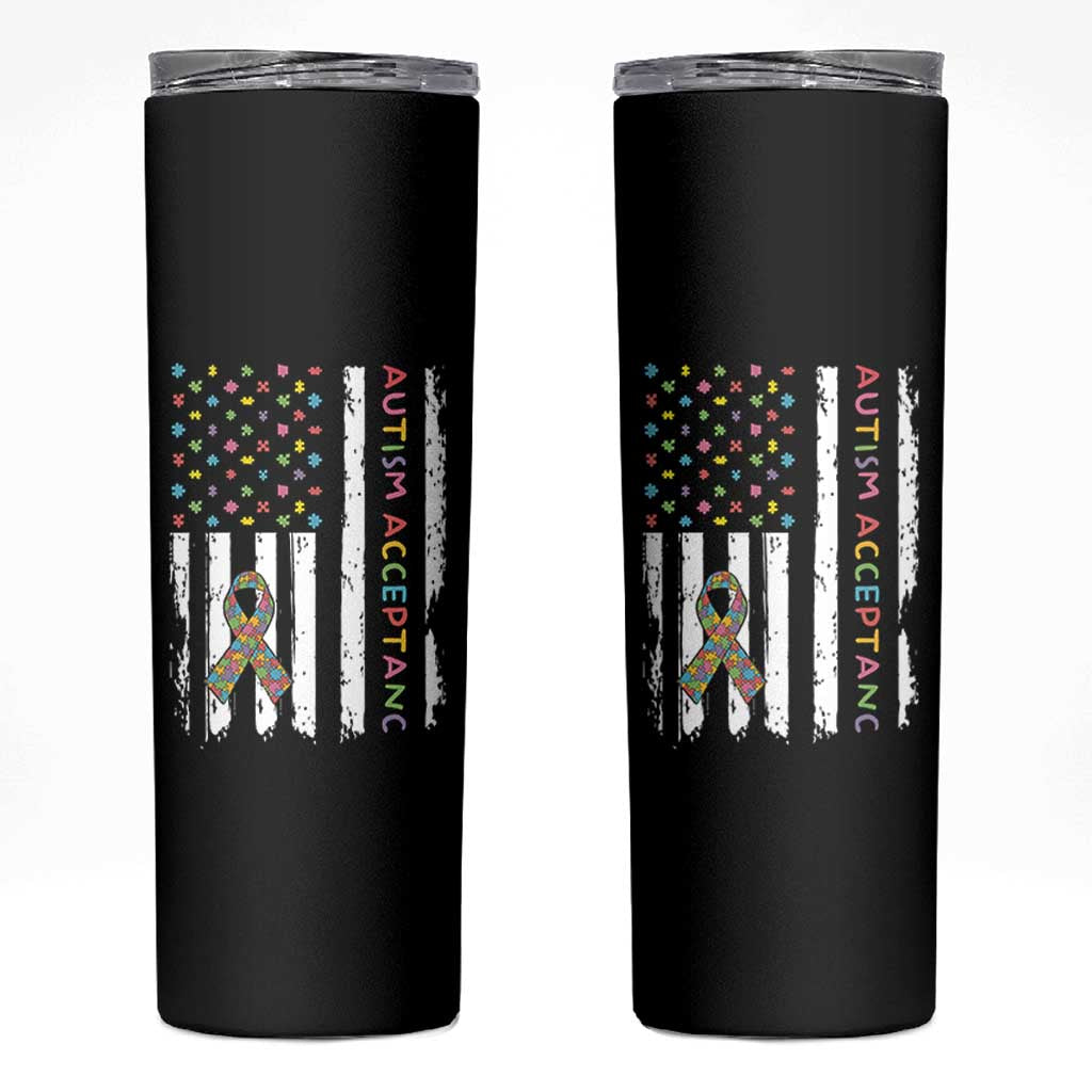Autism Acceptance Skinny Tumbler American Flag Neurodivergent Support Ribbon Puzzle