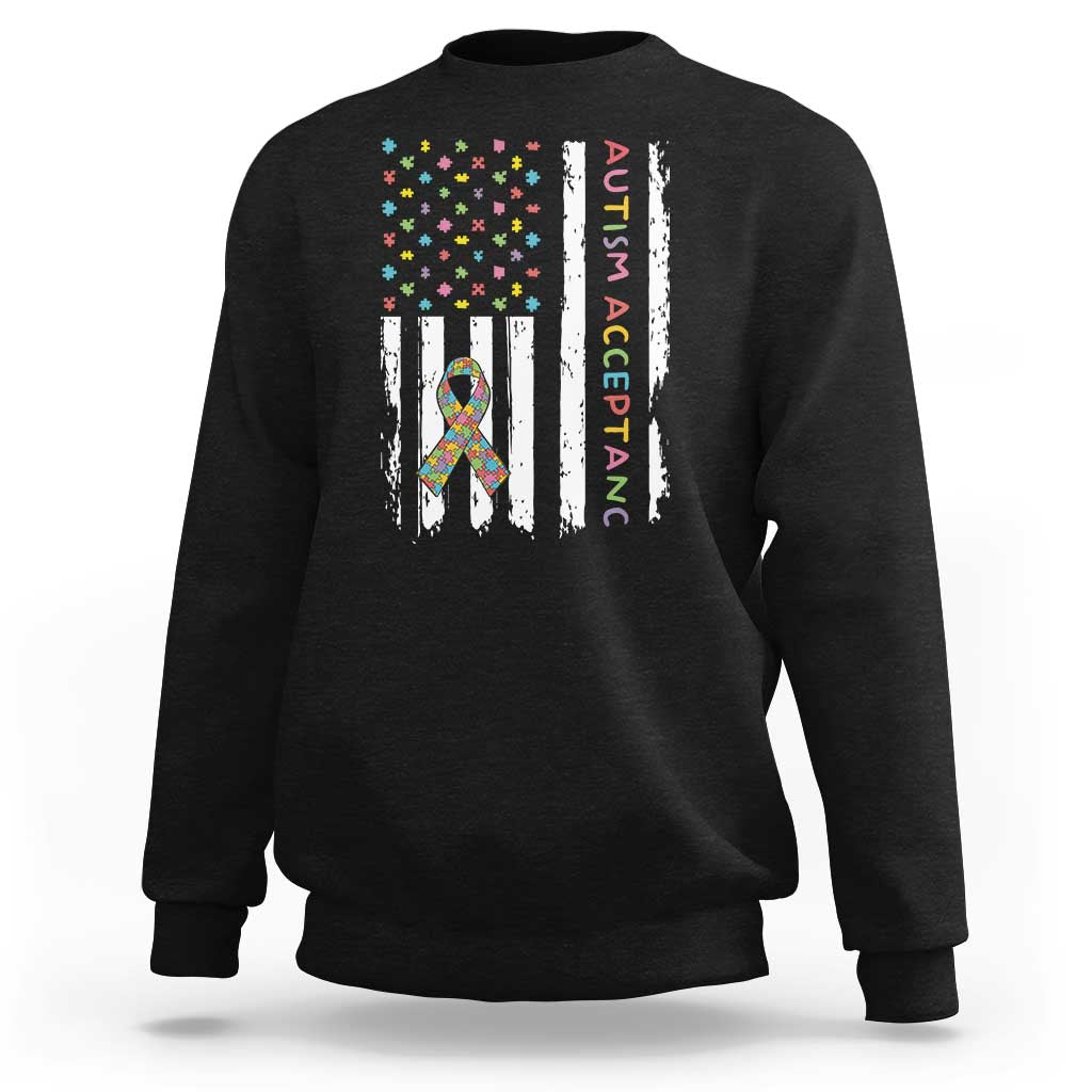 Autism Acceptance Sweatshirt American Flag Neurodivergent Support Ribbon Puzzle