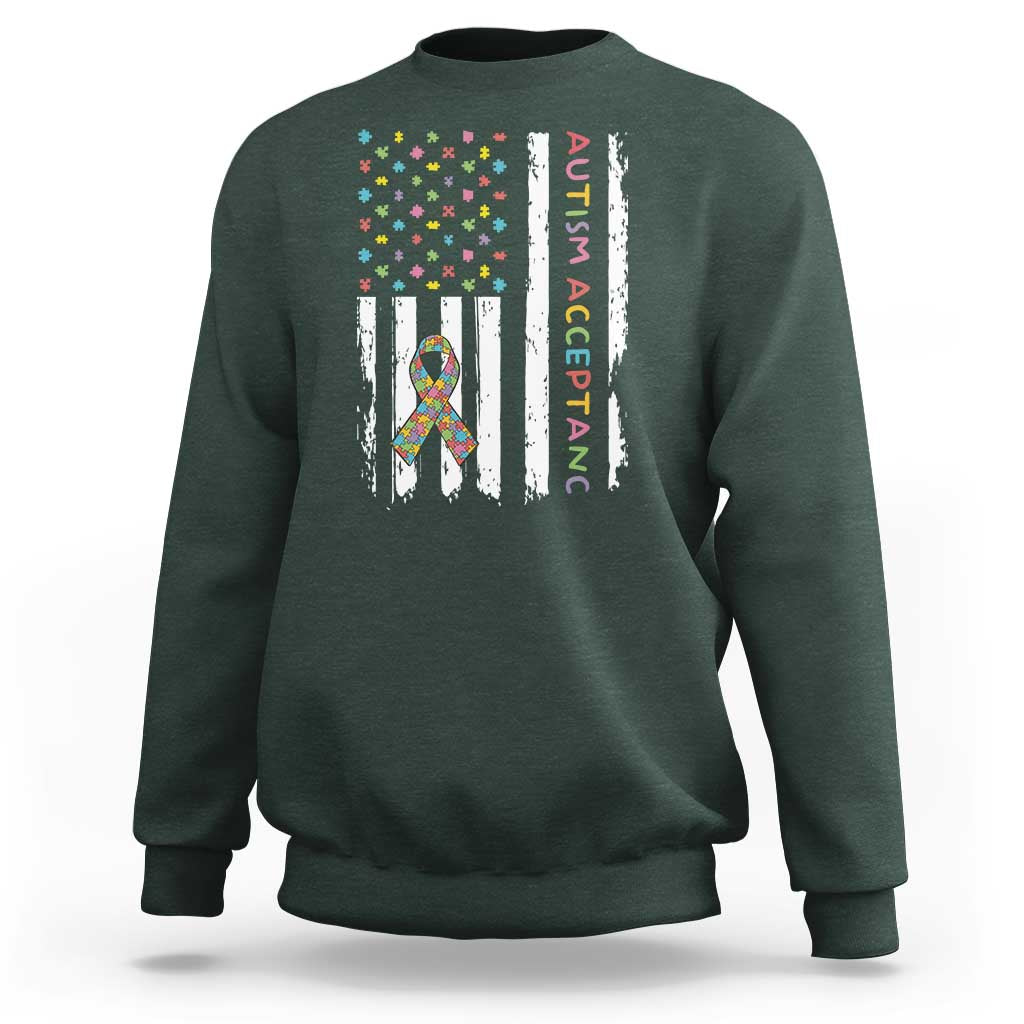Autism Acceptance Sweatshirt American Flag Neurodivergent Support Ribbon Puzzle