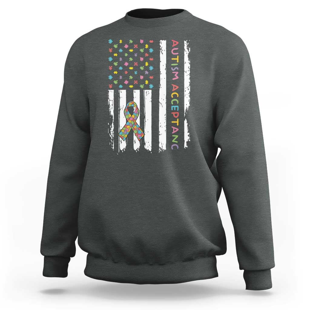 Autism Acceptance Sweatshirt American Flag Neurodivergent Support Ribbon Puzzle