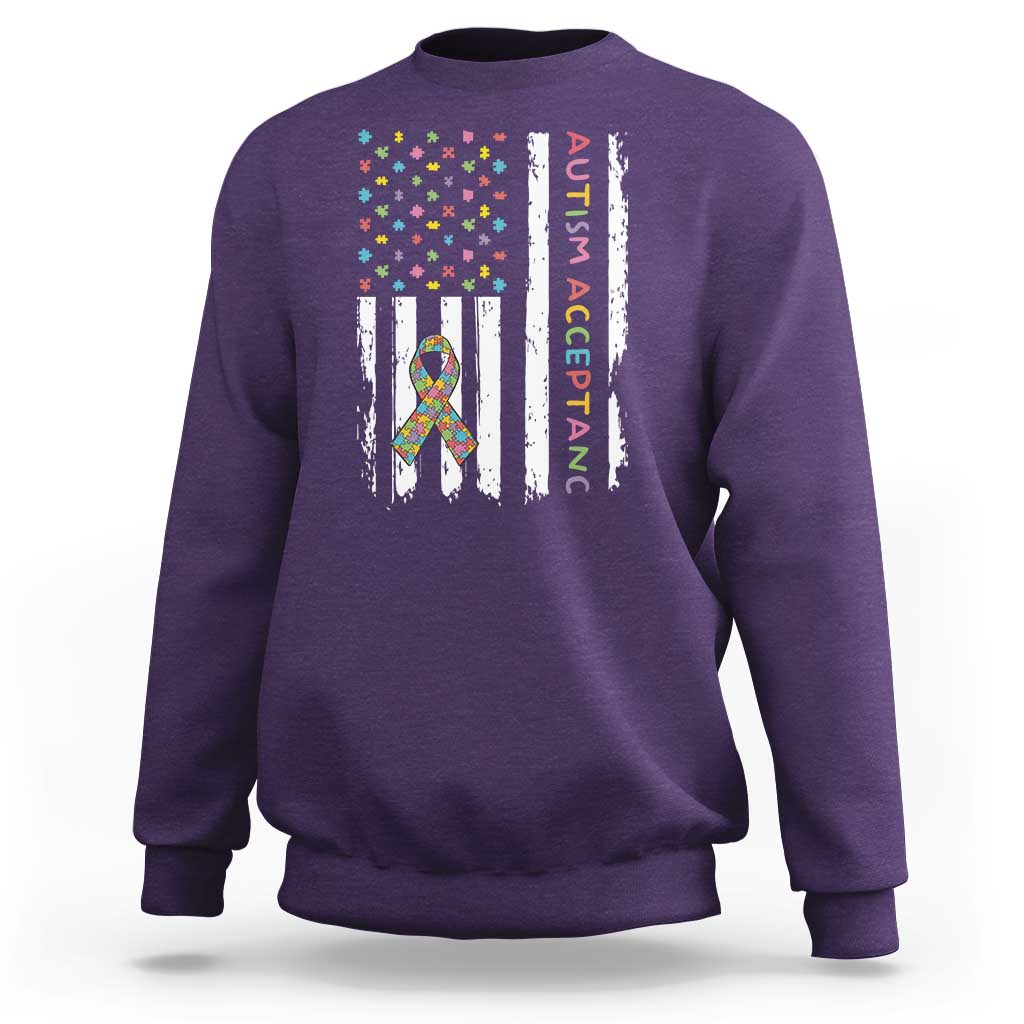 Autism Acceptance Sweatshirt American Flag Neurodivergent Support Ribbon Puzzle