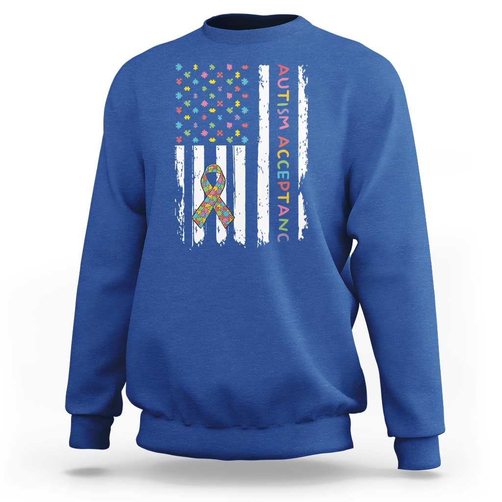 Autism Acceptance Sweatshirt American Flag Neurodivergent Support Ribbon Puzzle