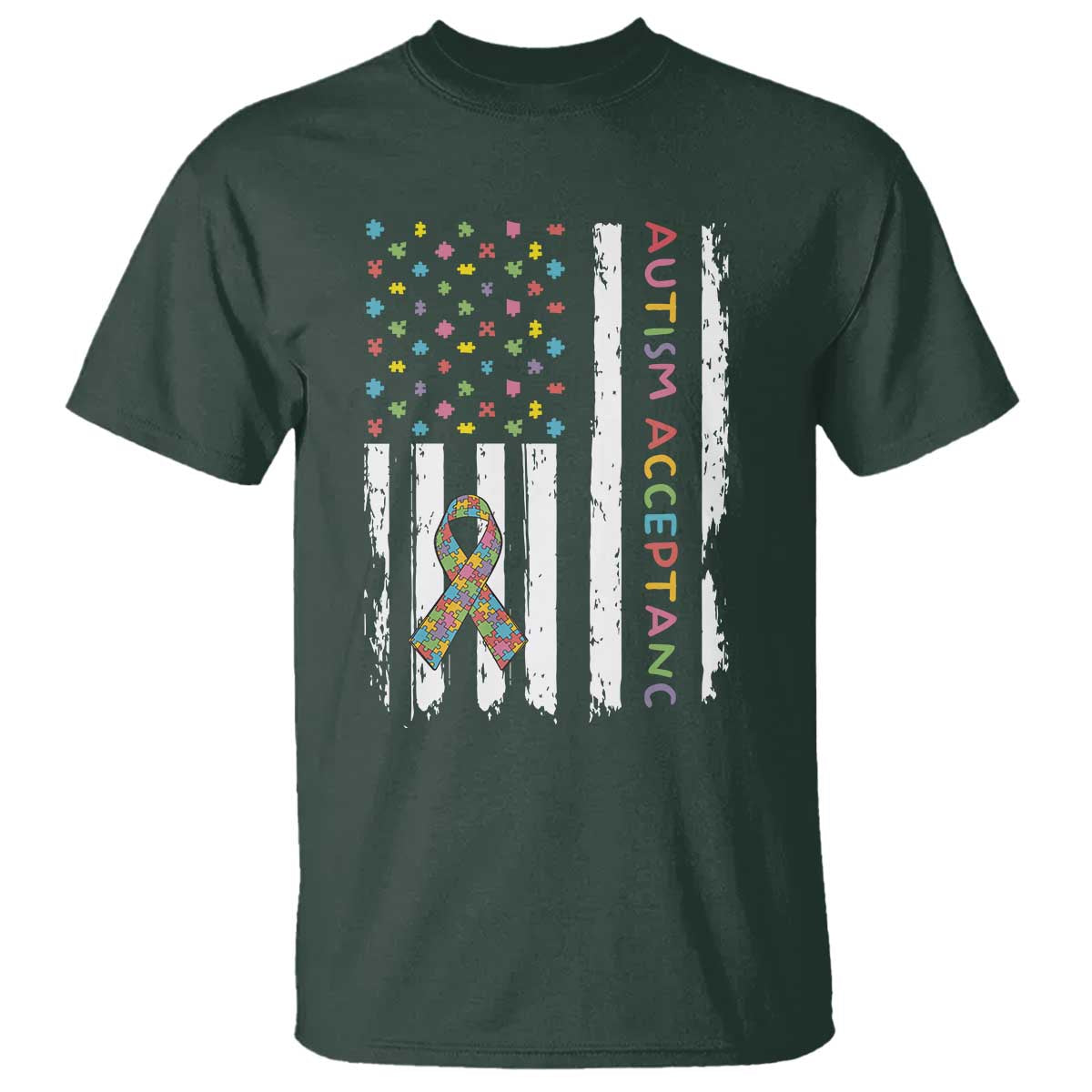 Autism Acceptance T Shirt American Flag Neurodivergent Support Ribbon Puzzle