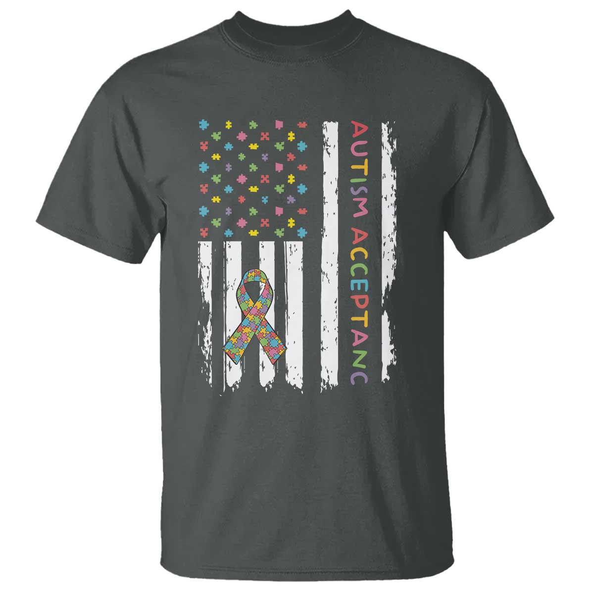Autism Acceptance T Shirt American Flag Neurodivergent Support Ribbon Puzzle