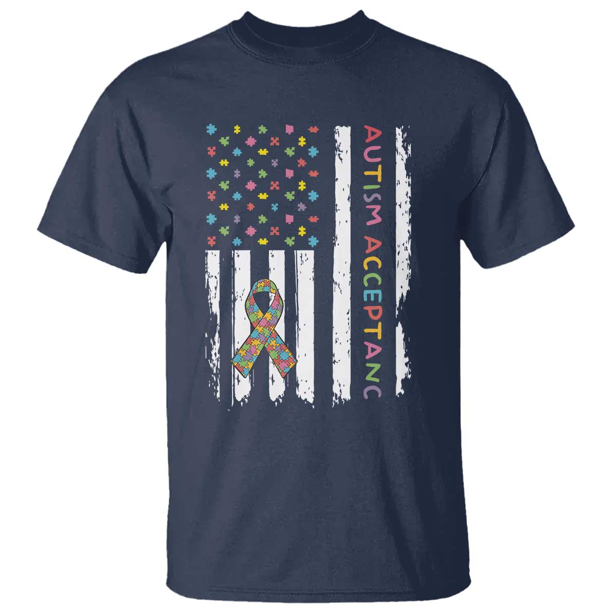 Autism Acceptance T Shirt American Flag Neurodivergent Support Ribbon Puzzle