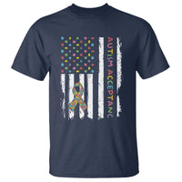 Autism Acceptance T Shirt American Flag Neurodivergent Support Ribbon Puzzle