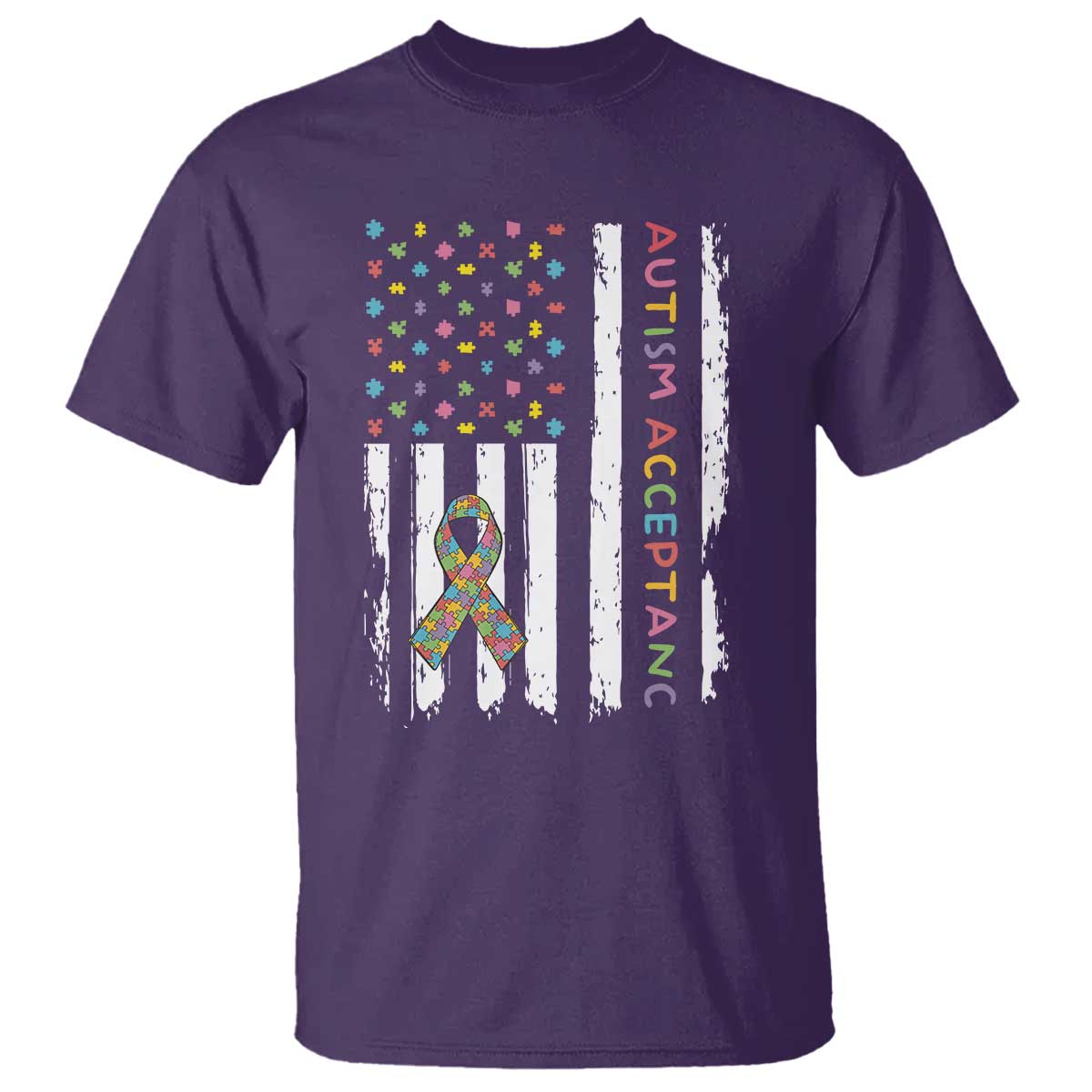 Autism Acceptance T Shirt American Flag Neurodivergent Support Ribbon Puzzle