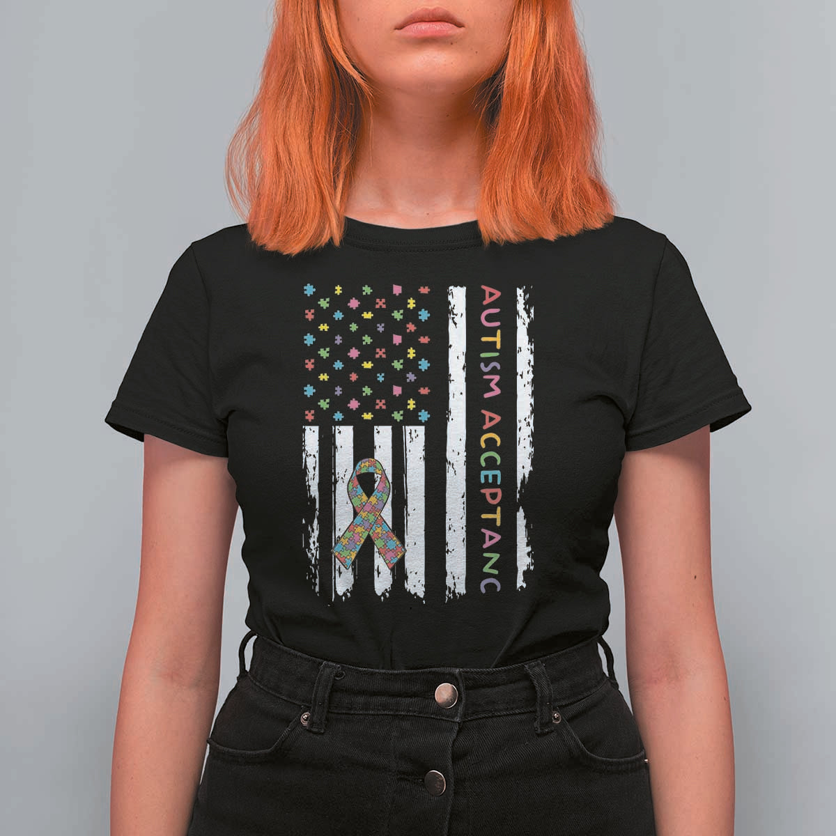 Autism Acceptance T Shirt For Women American Flag Neurodivergent Support Ribbon Puzzle