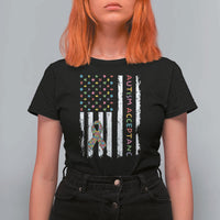Autism Acceptance T Shirt For Women American Flag Neurodivergent Support Ribbon Puzzle