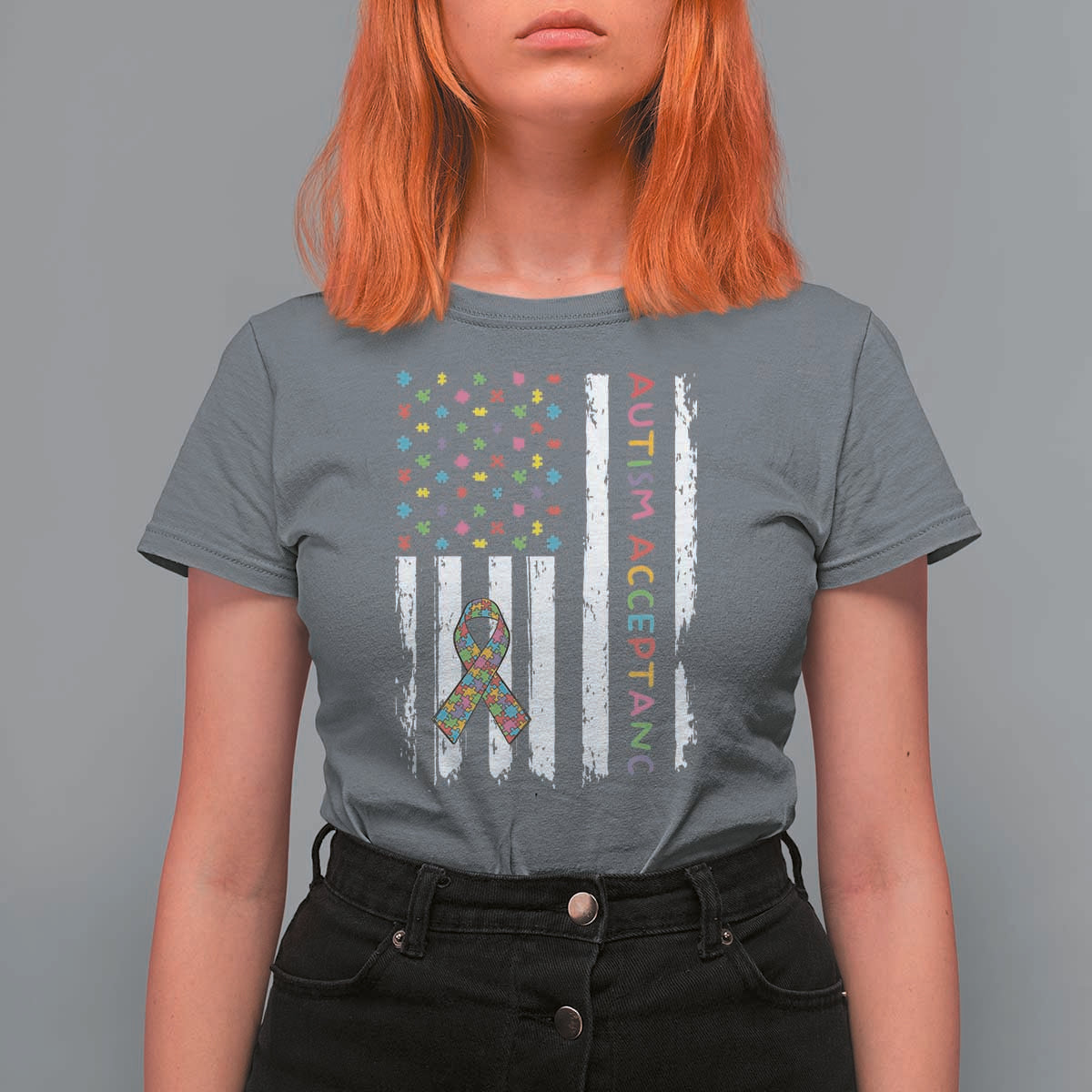 Autism Acceptance T Shirt For Women American Flag Neurodivergent Support Ribbon Puzzle