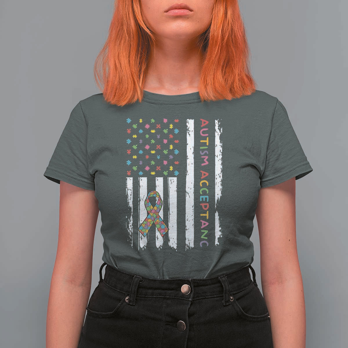 Autism Acceptance T Shirt For Women American Flag Neurodivergent Support Ribbon Puzzle