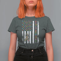 Autism Acceptance T Shirt For Women American Flag Neurodivergent Support Ribbon Puzzle