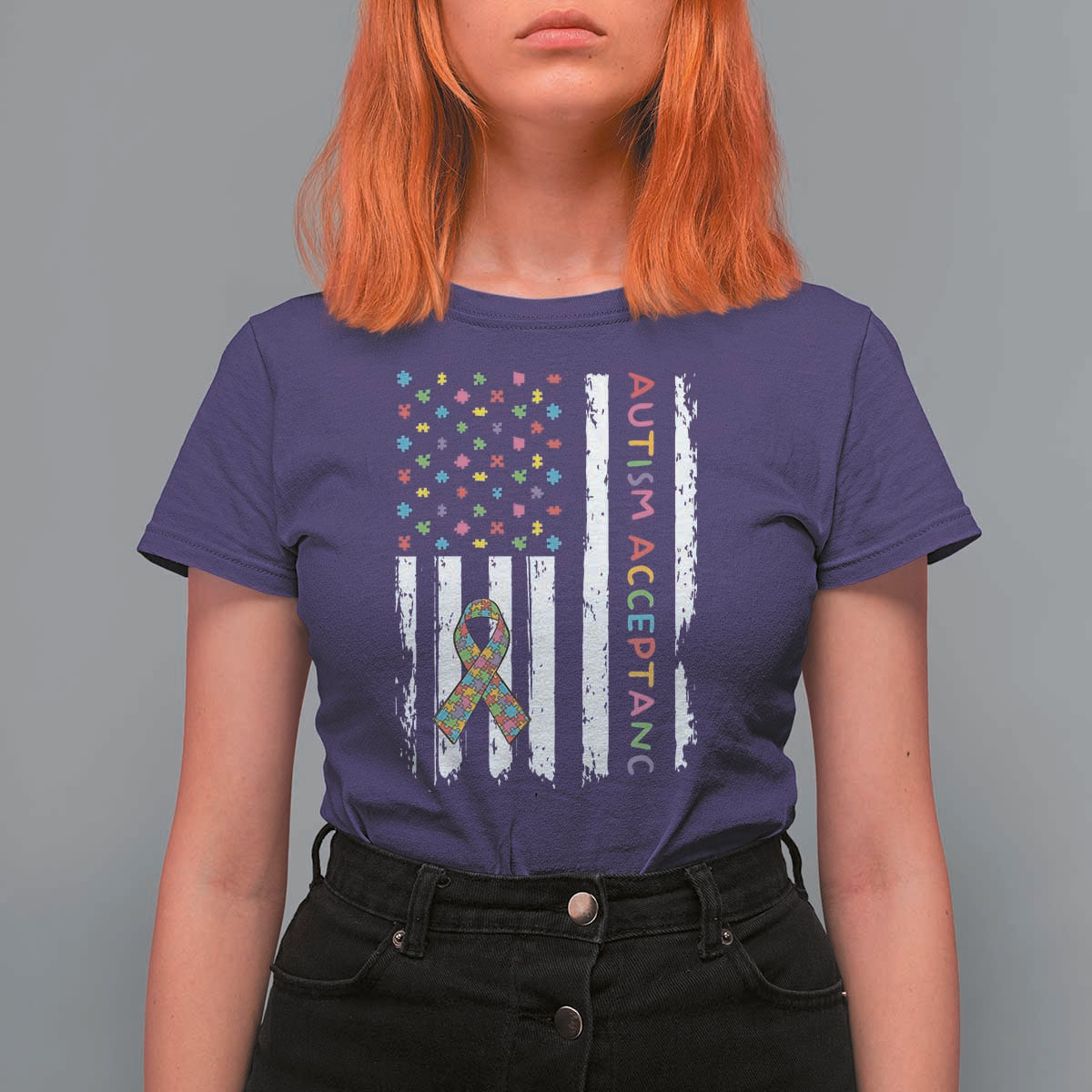 Autism Acceptance T Shirt For Women American Flag Neurodivergent Support Ribbon Puzzle
