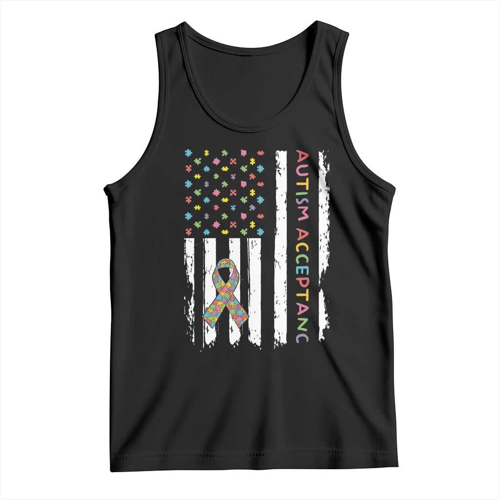 Autism Acceptance Tank Top American Flag Neurodivergent Support Ribbon Puzzle