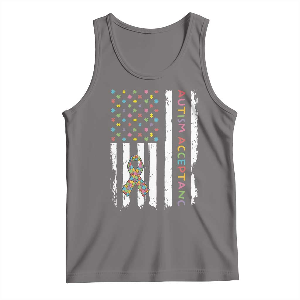 Autism Acceptance Tank Top American Flag Neurodivergent Support Ribbon Puzzle