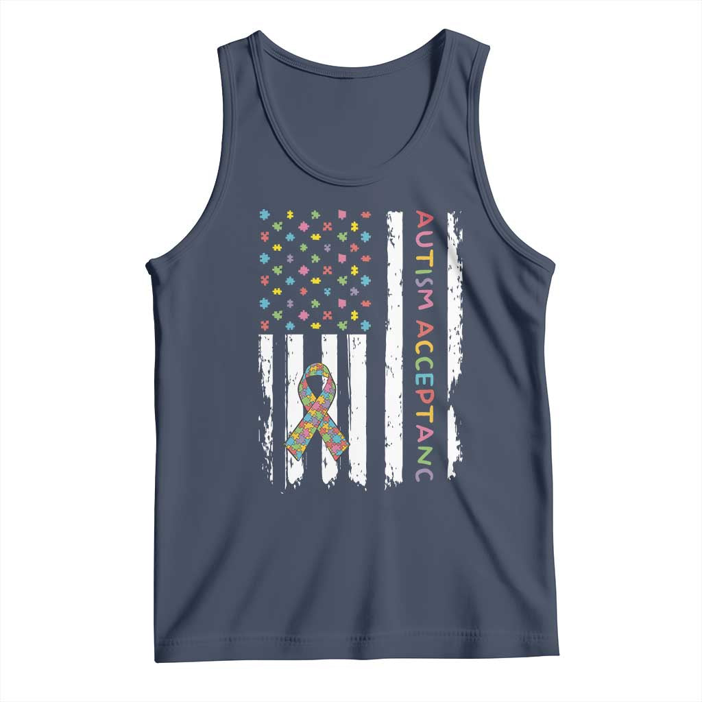 Autism Acceptance Tank Top American Flag Neurodivergent Support Ribbon Puzzle