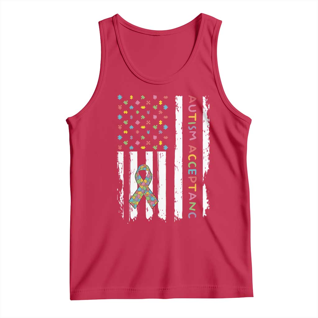 Autism Acceptance Tank Top American Flag Neurodivergent Support Ribbon Puzzle