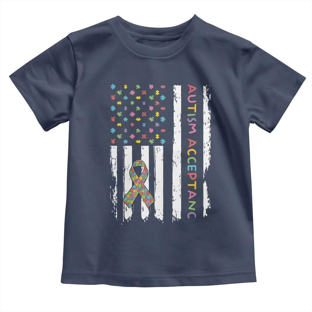 Autism Acceptance Toddler T Shirt American Flag Neurodivergent Support Ribbon Puzzle