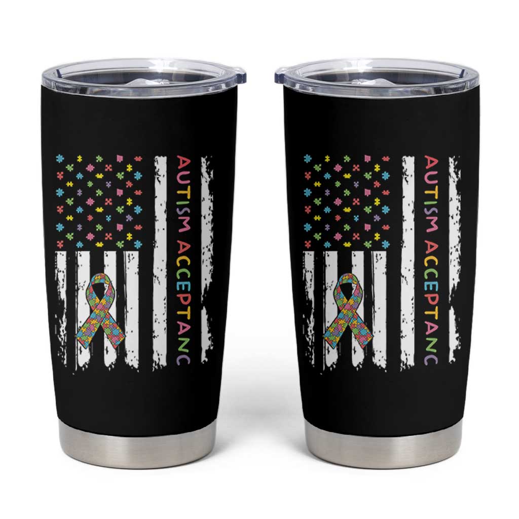 Autism Acceptance Tumbler Cup American Flag Neurodivergent Support Ribbon Puzzle