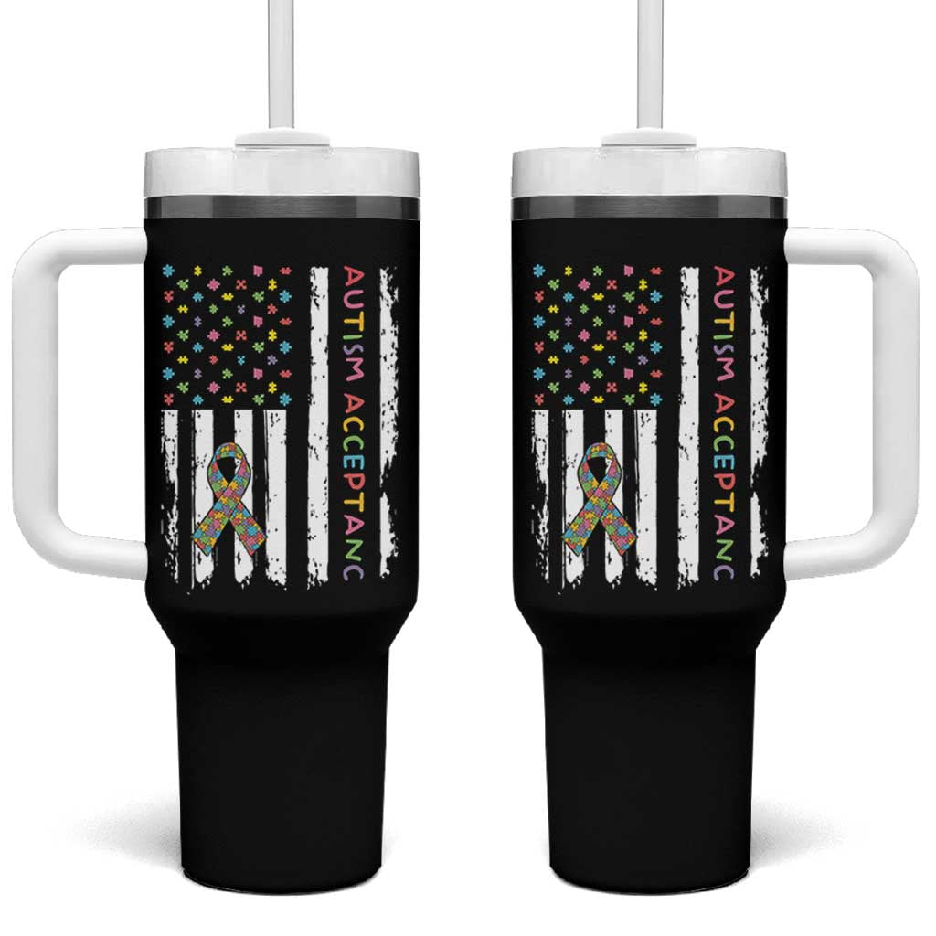 Autism Acceptance Tumbler With Handle American Flag Neurodivergent Support Ribbon Puzzle