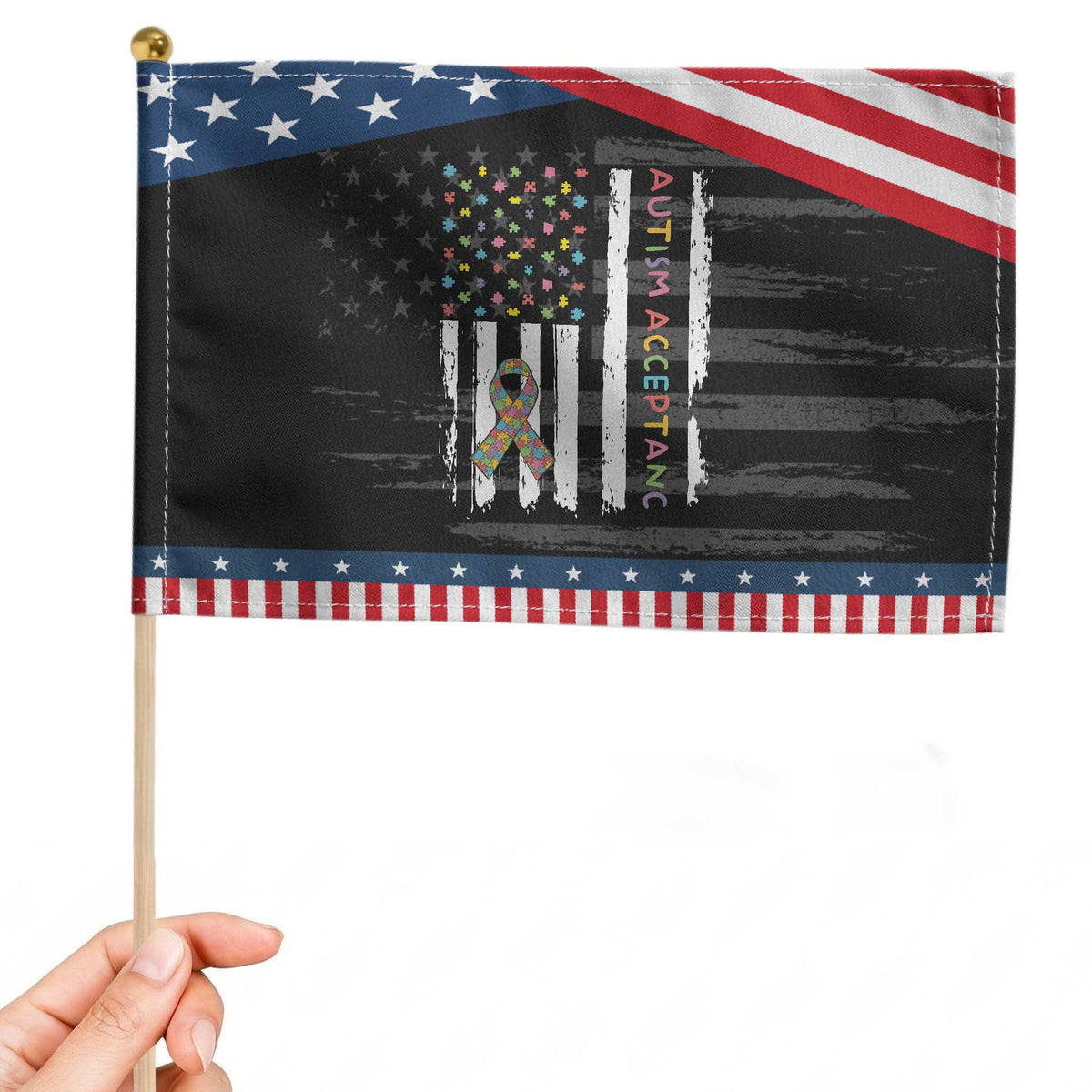 Autism Acceptance Patriotic Handheld Flag American Flag Neurodivergent Support Ribbon Puzzle