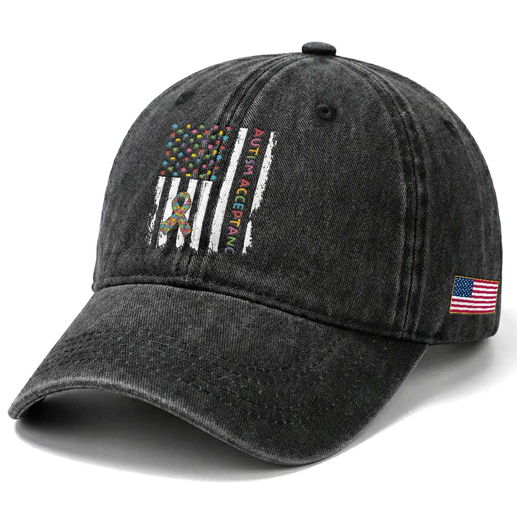 Autism Acceptance Washed Cotton Baseball Cap American Flag Neurodivergent Support Ribbon Puzzle