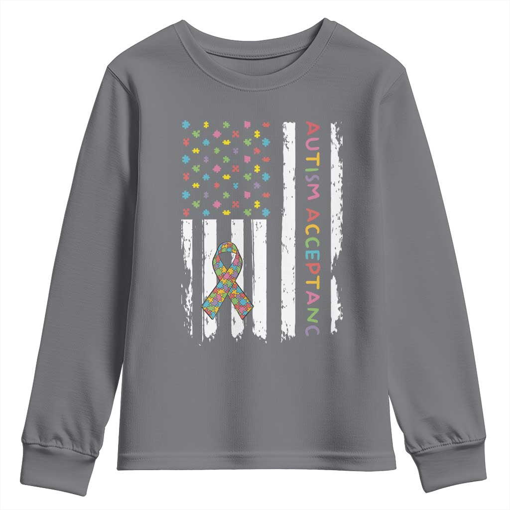 Autism Acceptance Youth Sweatshirt American Flag Neurodivergent Support Ribbon Puzzle