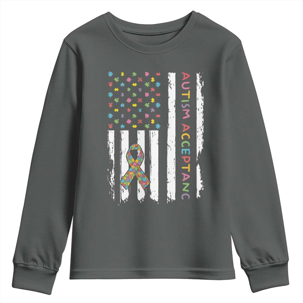 Autism Acceptance Youth Sweatshirt American Flag Neurodivergent Support Ribbon Puzzle