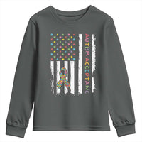 Autism Acceptance Youth Sweatshirt American Flag Neurodivergent Support Ribbon Puzzle