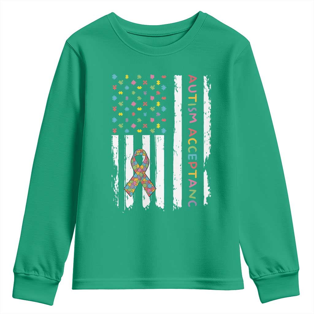 Autism Acceptance Youth Sweatshirt American Flag Neurodivergent Support Ribbon Puzzle